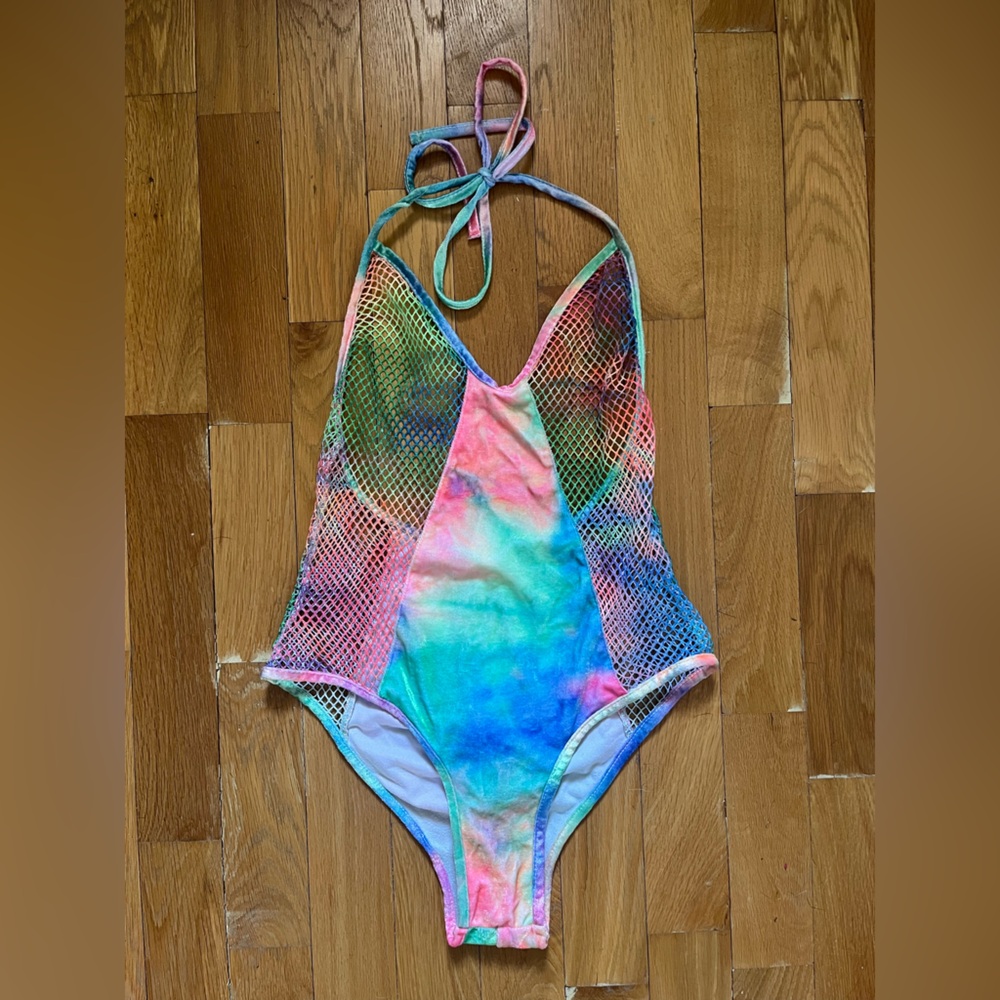 iHeartRaves Mesh Rainbow Bodysuit Cinch Booty Halter Size Small